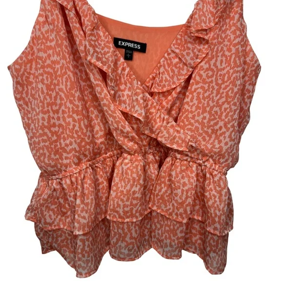 Express Orange/White Print Textures Ruffle Wrap Peplum Tank Top Women's Size L - Picture 4 of 9